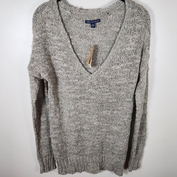 American Eagle Tunic Sweater Womens Beige Deep V Neck Knit Cottagecore Y2K New - Picture 9 of 15